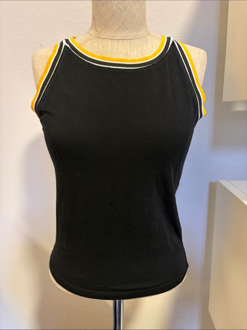 Black Tank Top with Yellow Trim - Sleeveless Racerneck Size M